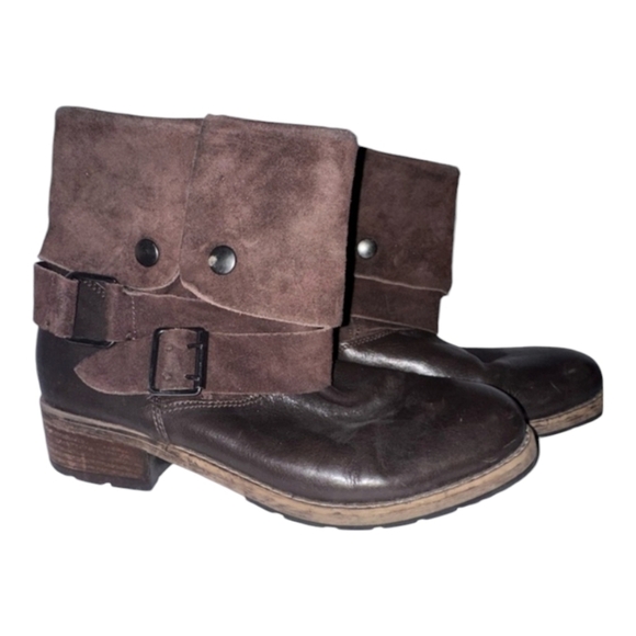 Clarks Volara Sky Boots 9 Brown Leather Suede Foldover Moto Ankle Boots Harness - Picture 2 of 7